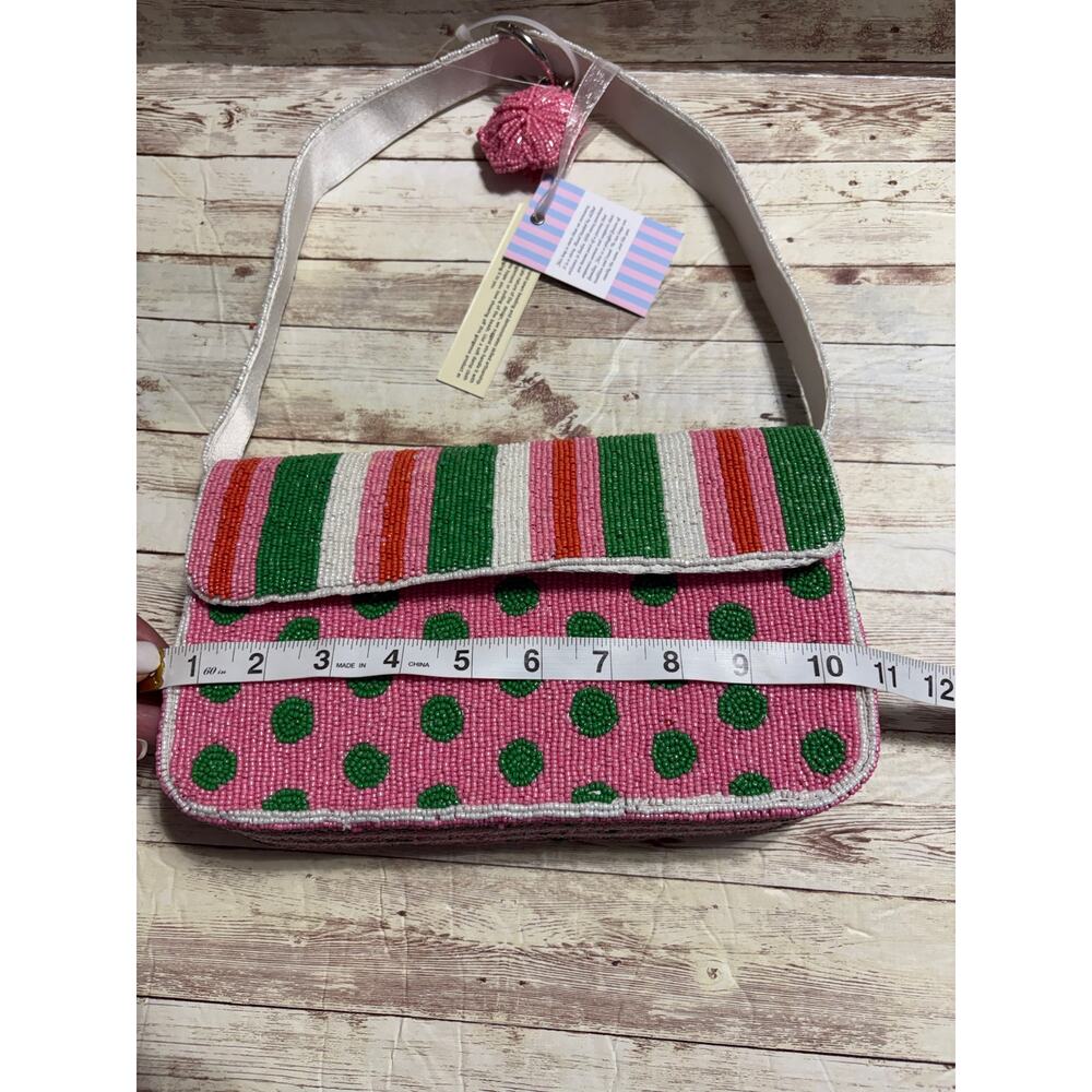Cosmic Dots Beaded Bag Shoulder Polka Dot Stripes India Pink Green White NWT - Picture 6 of 6